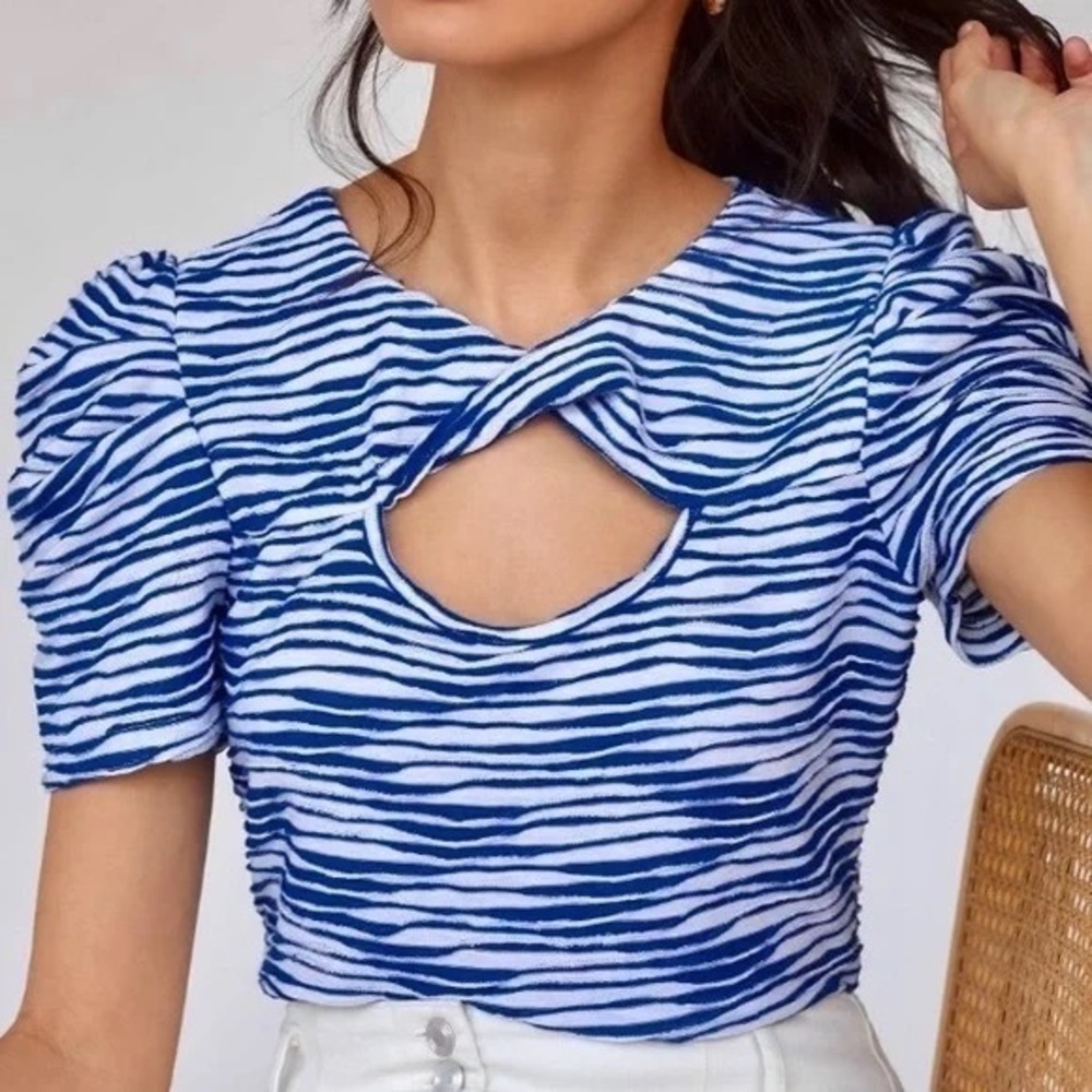 Anthropologie Maeve Puff-Sleeve Cutout Top in Blue and White Women's Size Medium